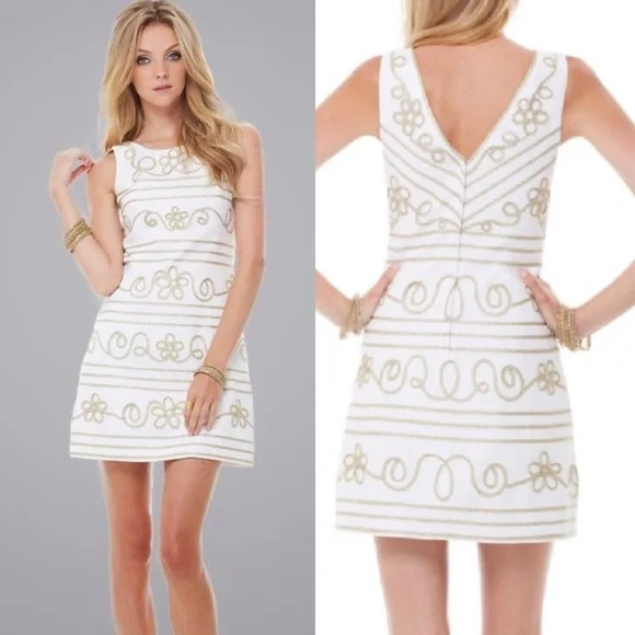 Lilly Pulitzer Lennox Gold Embroidered Dress